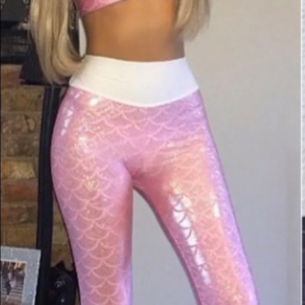 🎀Pink Mermaid Metallic Leggings Yoga Crop Top Set - Picture 4 of 6